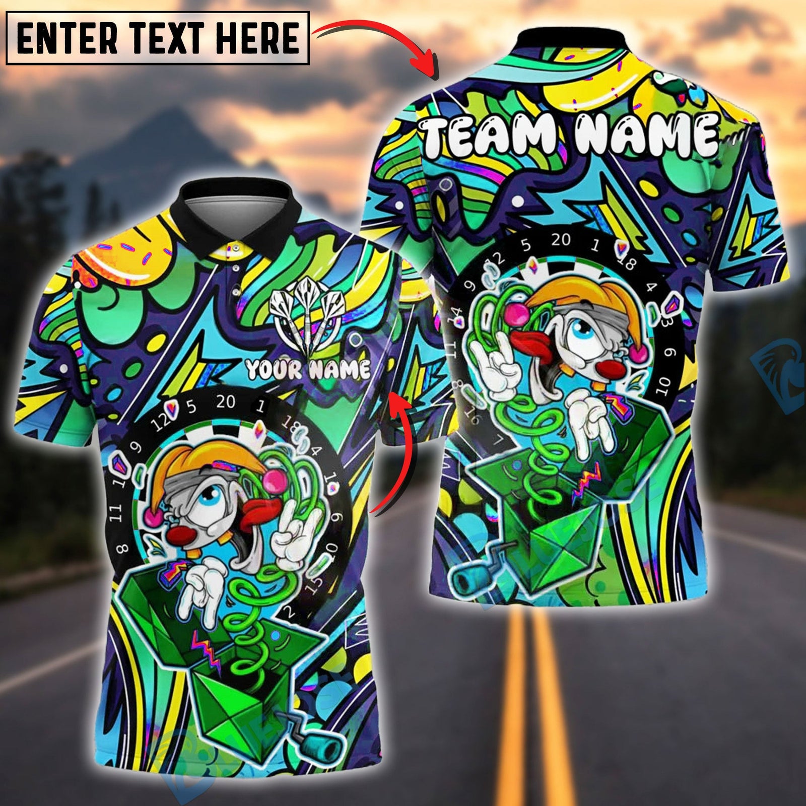 BlueJose Darts Colorblast Cartoon Character Customized Name, Team Name 3D Shirt (4 Colors)