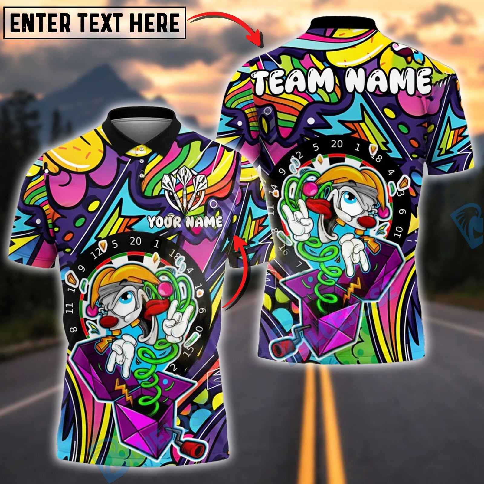 BlueJose Darts Colorblast Cartoon Character Customized Name, Team Name 3D Shirt (4 Colors)