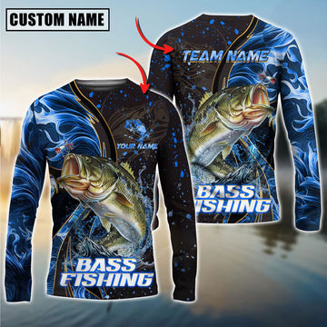 Bluejose Bass Fishing Blue Flame Smoke Line Premium Style Sport Custom Name & Team Name 3D Shirts
