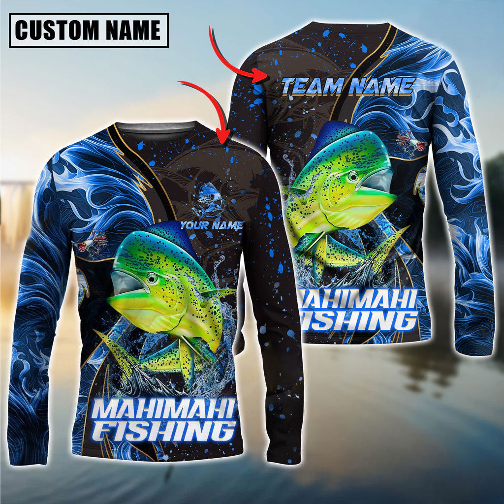 Bluejose Mahi-Mahi Fishing Blue Flame Smoke Line Premium Style Sport Custom Name &amp; Team Name 3D Shirts
