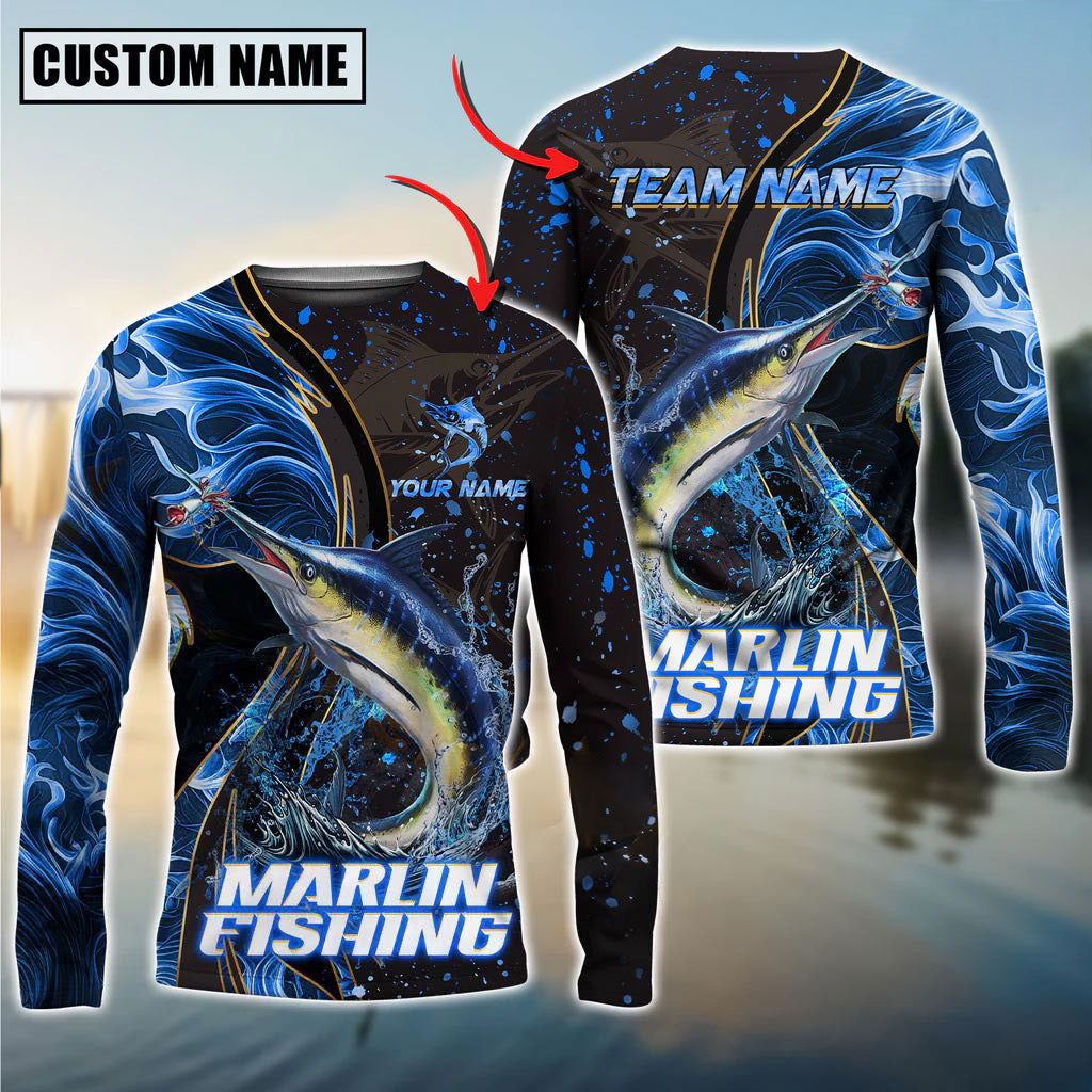 Bluejose Marlin Fishing Blue Flame Smoke Line Premium Style Sport Custom Name &amp; Team Name 3D Shirts