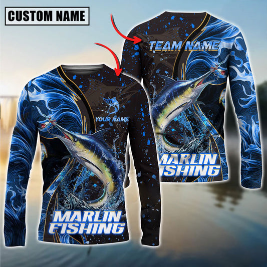 Bluejose Marlin Fishing Blue Flame Smoke Line Premium Style Sport Custom Name & Team Name 3D Shirts