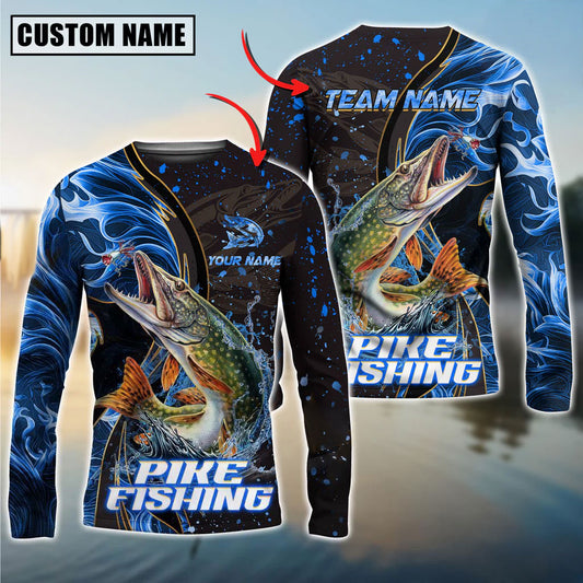 Bluejose Pike Fishing Blue Flame Smoke Line Premium Style Sport Custom Name & Team Name 3D Shirts