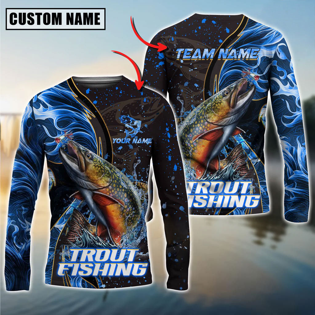 Bluejose Trout Fishing Blue Flame Smoke Line Premium Style Sport Custom Name &amp; Team Name 3D Shirts