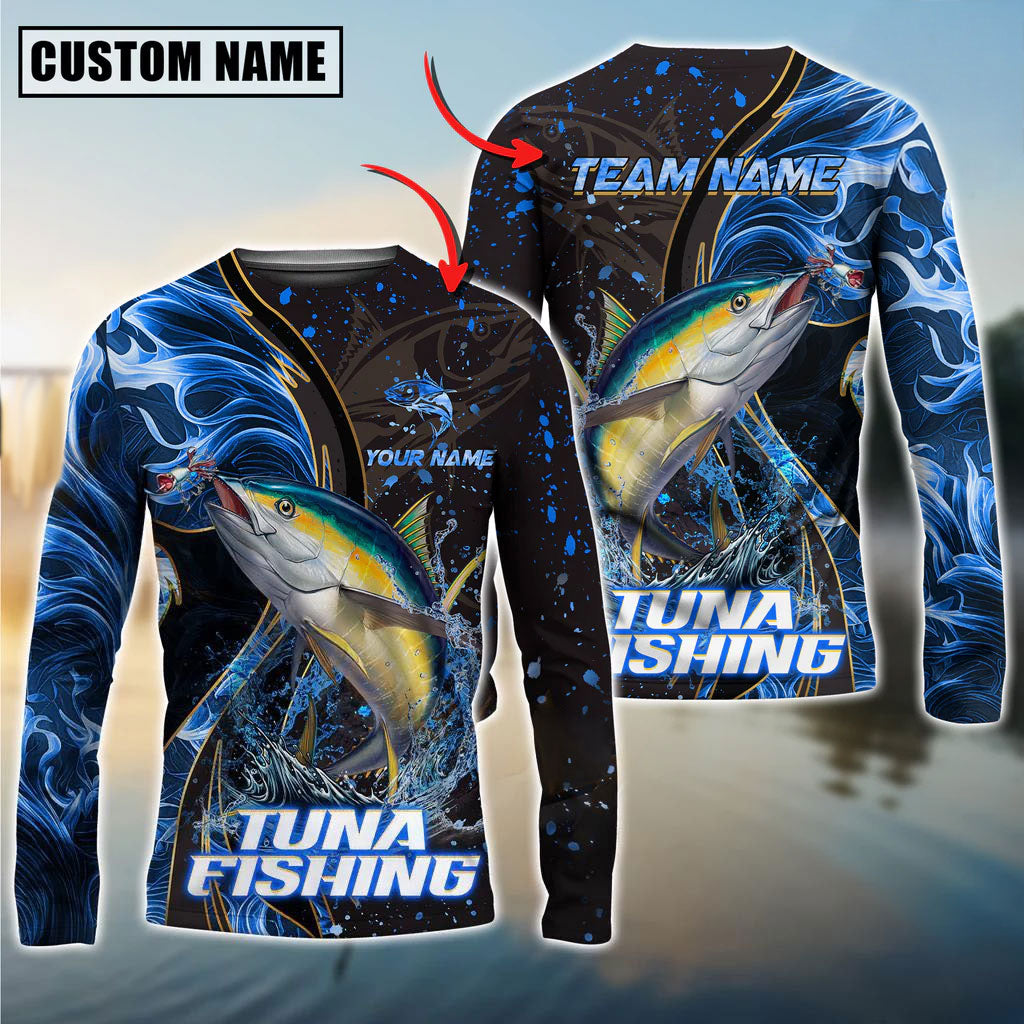 Bluejose Tuna Fishing Blue Flame Smoke Line Premium Style Sport Custom Name &amp; Team Name 3D Shirts