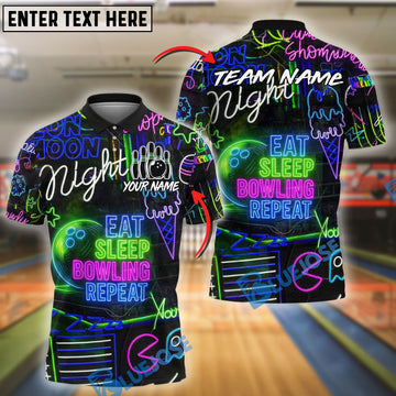 BlueJose Bowling And Pins Eat Sleep Bowl Repeat Neon Style Customized Name 3D Shirt (6 Colors)