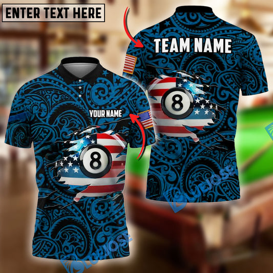 BlueJose Billiards American Flag 8-Ball With Tribal Pattern Personalized Name Shirt (4 Colors)