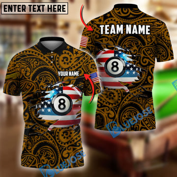 BlueJose Billiards American Flag 8-Ball With Tribal Pattern Personalized Name Shirt (4 Colors)