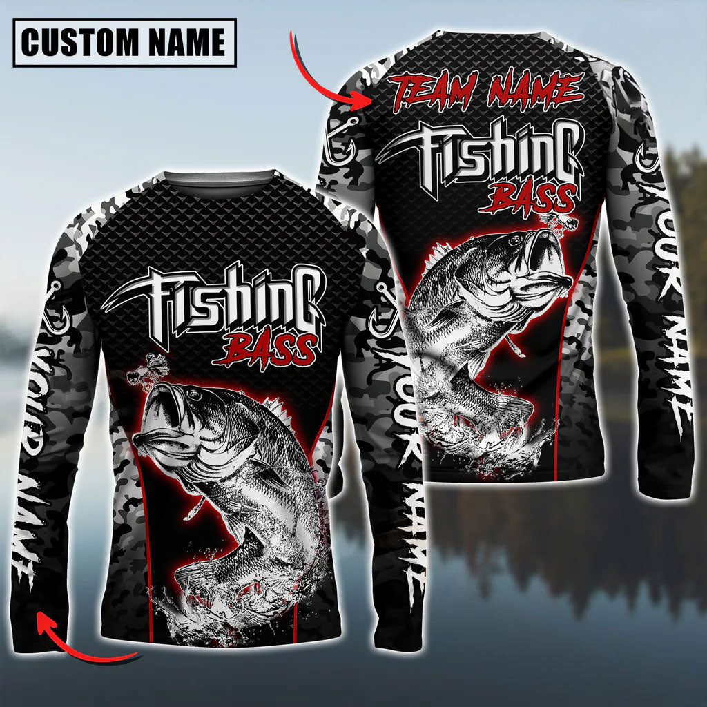 Bluejose Bass Fishing Aggressive Red Splash Camo Pattern Sport Custom Name &amp; Team Name 3D Shirts