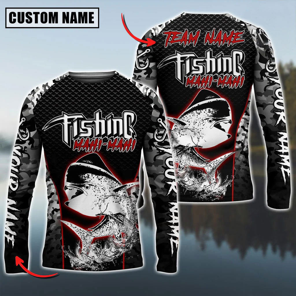 Bluejose Mahimahi Fishing Aggressive Red Splash Camo Pattern Sport Custom Name &amp; Team Name 3D Shirts