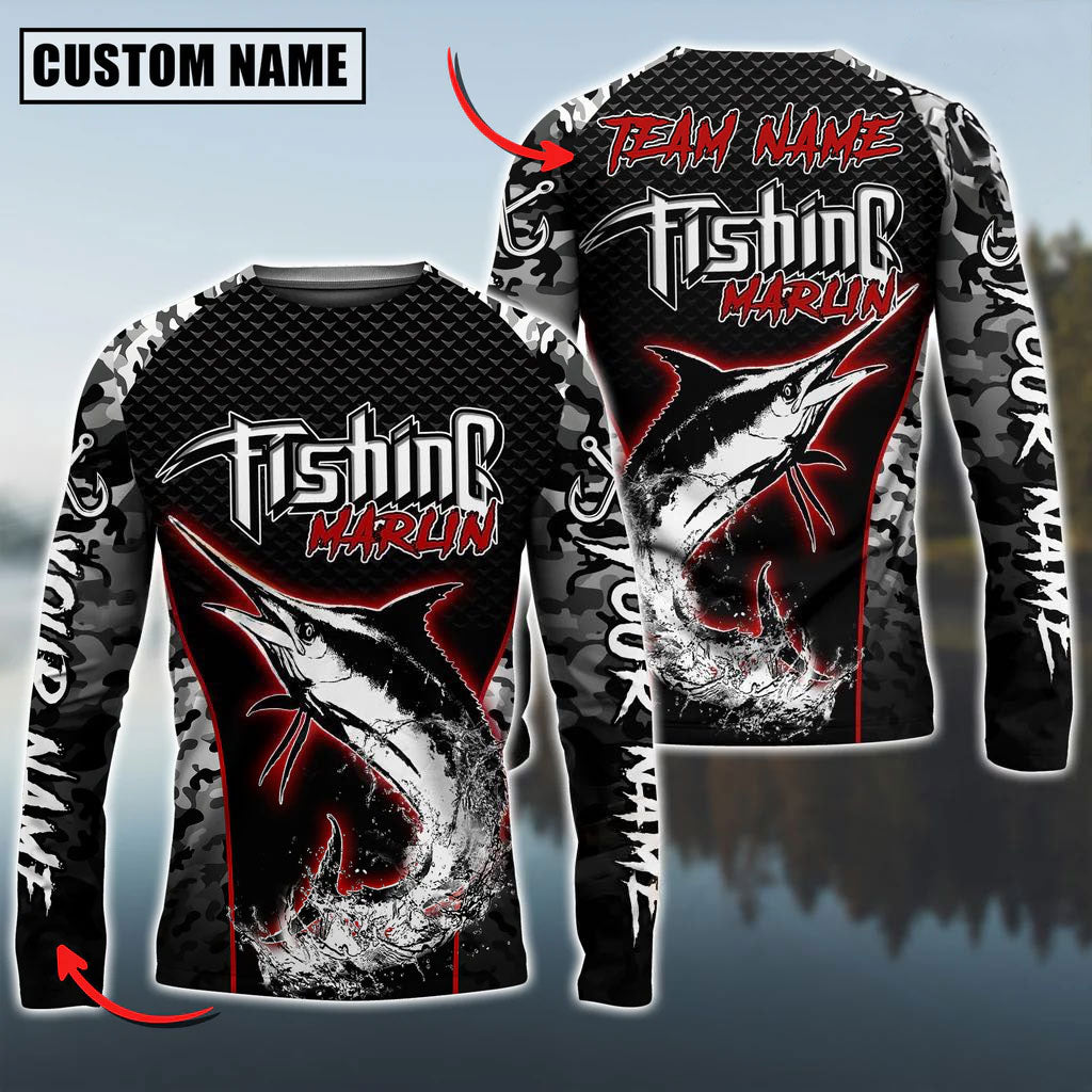 Bluejose Marlin Fishing Aggressive Red Splash Camo Pattern Sport Custom Name &amp; Team Name 3D Shirts