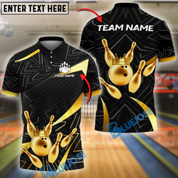 BlueJose Bowling And Pins Golden Crown Customized Name, Team Name 3D Shirt (4 Colors)
