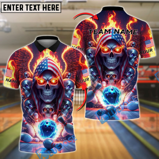 BlueJose Bowling American Flag Flaming Skull Glowing Ball Personalized Name, Team Name Unisex Shirt