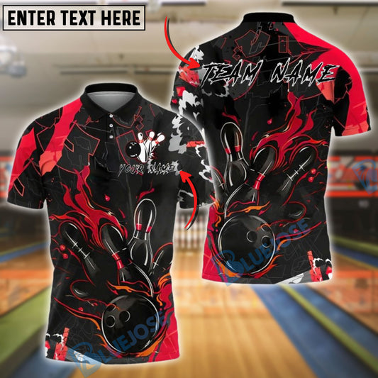 BlueJose Bowling And Pins Strike Flaming Ball Pins Customized Name, Team Name 3D Shirt (4 Colors)