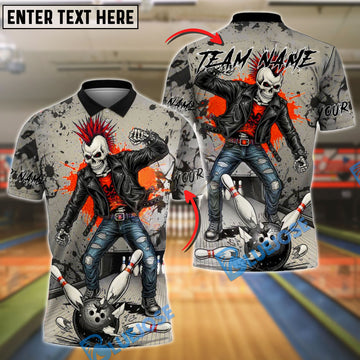 BlueJose Bowling And Pins Punk Rock Skull Leather Style Customized Name, Team Name 3D Shirt (4 Colors)