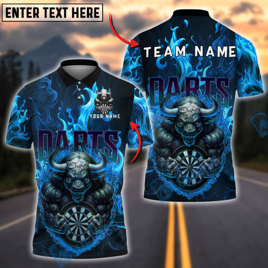 BlueJose Darts Fire Bull Mascot Flaming Dartboard Customized Name, Team Name 3D Shirt (4 Colors)