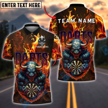 BlueJose Darts Fire Bull Mascot Flaming Dartboard Customized Name, Team Name 3D Shirt (4 Colors)