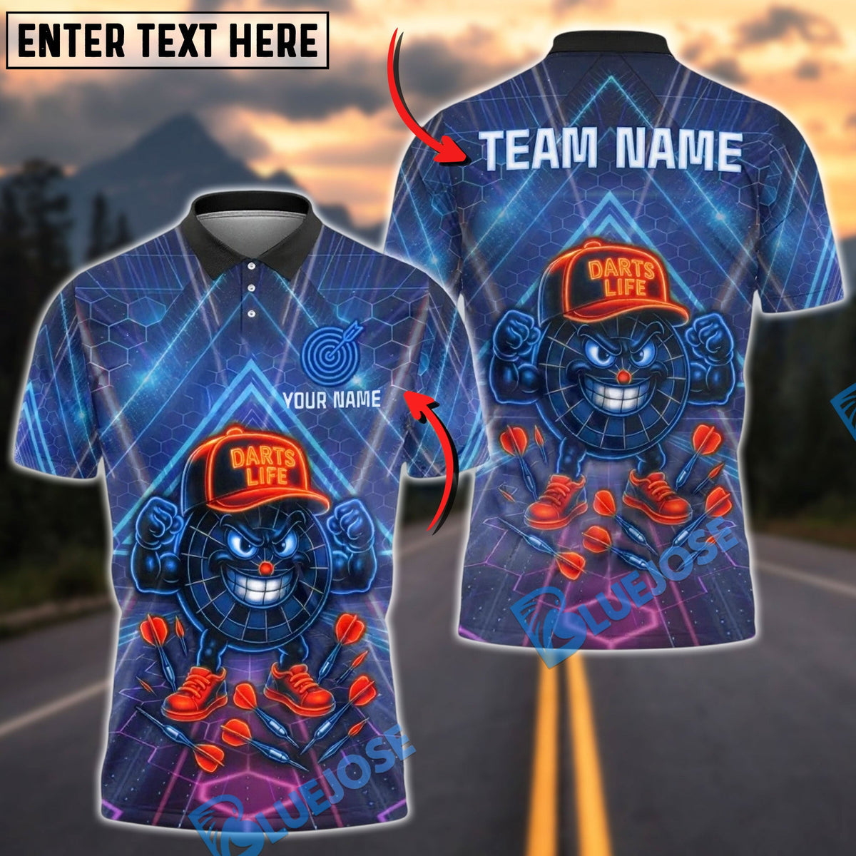 BlueJose Darts Life Neon Target Cartoon Customized Name, Team Name 3D Shirt (4 Colors)