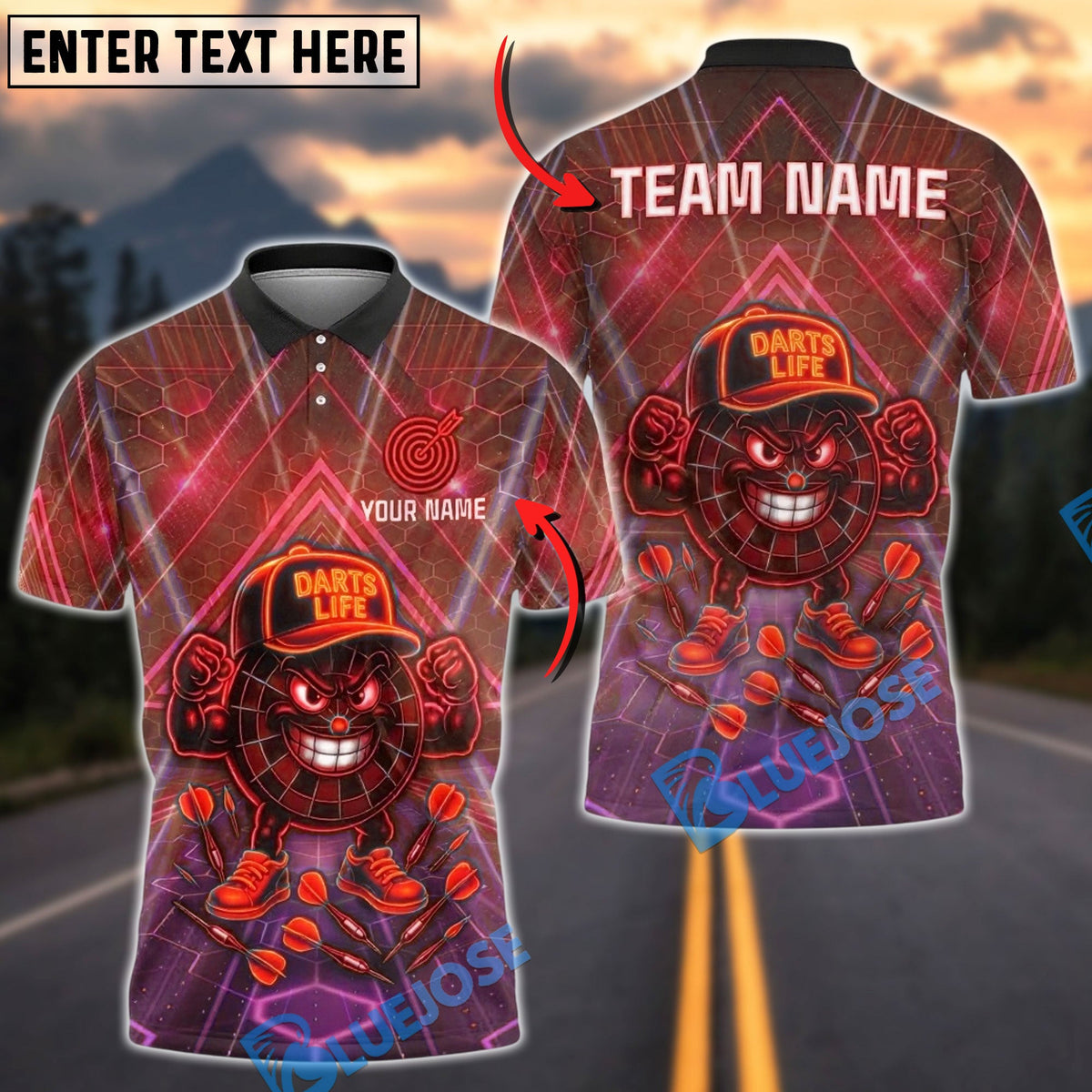 BlueJose Darts Life Neon Target Cartoon Customized Name, Team Name 3D Shirt (4 Colors)