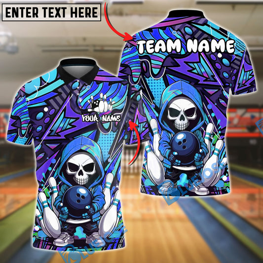 BlueJose Bowling And Pins Neon Skull Hoodie Graffiti Style Customized Name, Team Name 3D Shirt (4 Colors)