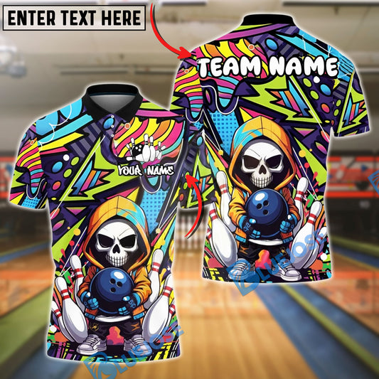 BlueJose Bowling And Pins Neon Skull Hoodie Graffiti Style Customized Name, Team Name 3D Shirt (4 Colors)