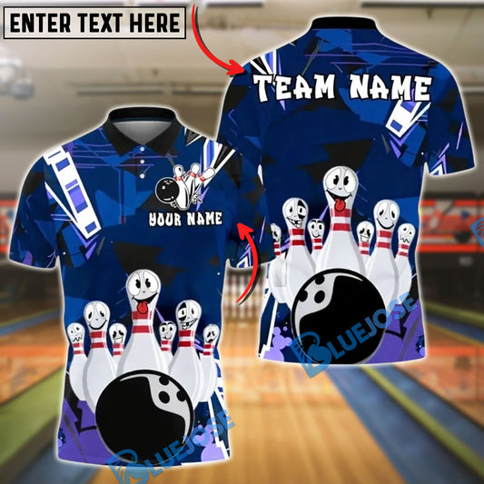 BlueJose Bowling And Pins Cartoon Funny Faces Customized Name, Team Name 3D Shirt (4 Colors)