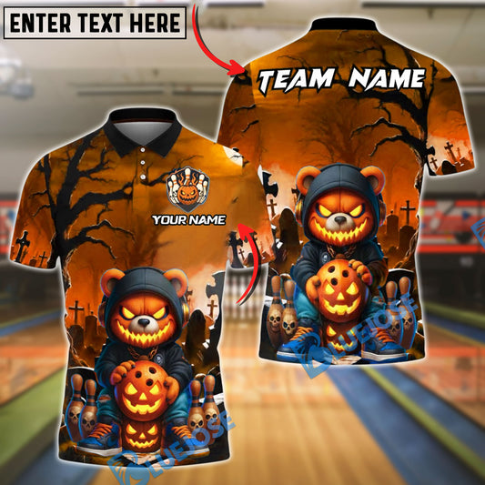 BlueJose Bowling And Pins Halloween Bear Pumpkin Ball Spooky Graveyard Scene Customized Name, Team Name 3D Shirt (4 Colors)