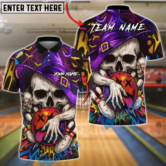 BlueJose Bowling And Pins Skull Wizard Neon Graffiti Ball Spooky Customized Name, Team Name 3D Shirt (4 Colors)