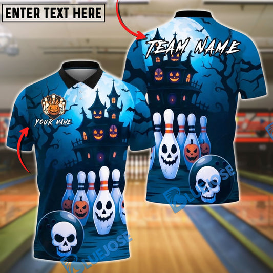 BlueJose Bowling And Pins Haunted House Skull Pins Pumpkin Ball Halloween Style Customized Name, Team Name 3D Shirt (4 Colors)