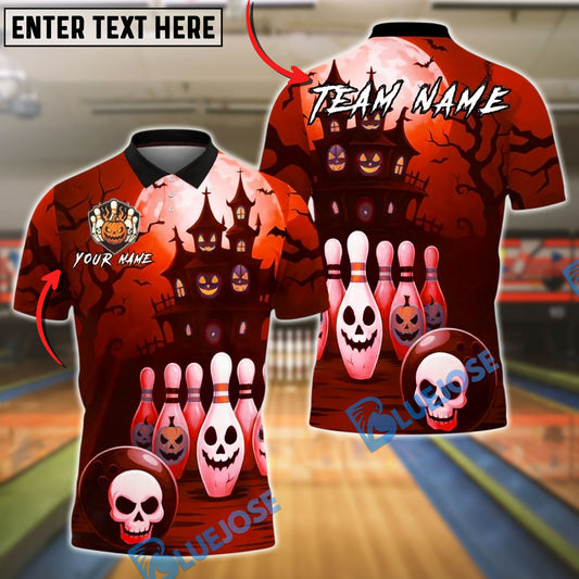 BlueJose Bowling And Pins Haunted House Skull Pins Pumpkin Ball Halloween Style Customized Name, Team Name 3D Shirt (4 Colors)