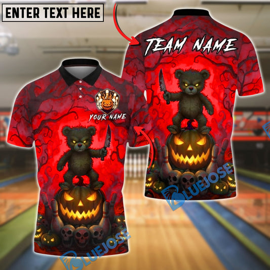 BlueJose Bowling And Pins Scary Teddy Bear Knife Pumpkin Ball Creepy Forest Halloween Customized Name, Team Name 3D Shirt (4 Colors)