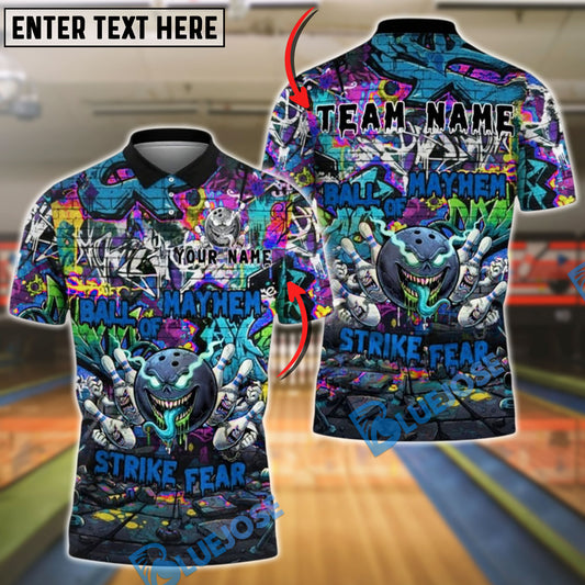 BlueJose Bowling And Pins Ball of Mayhem Graffiti Strike Fear Customized Name, Team Name 3D Shirt (4 Colors)