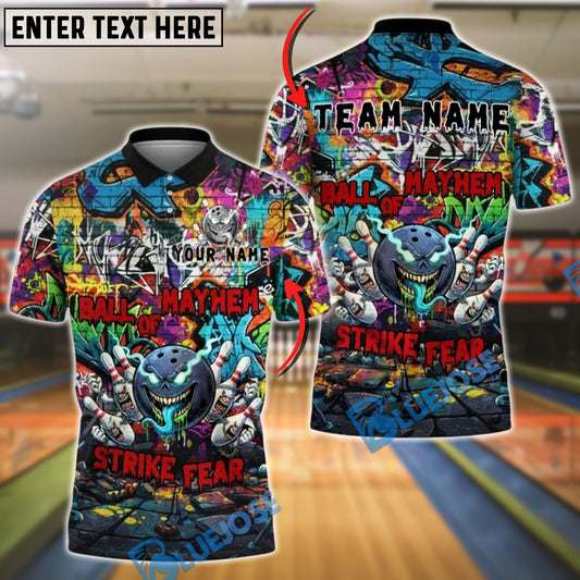 BlueJose Bowling And Pins Ball of Mayhem Graffiti Strike Fear Customized Name, Team Name 3D Shirt (4 Colors)