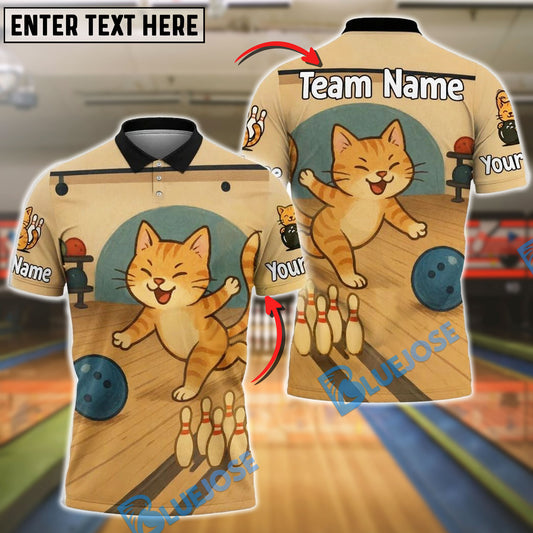 BlueJose Bowling Cute Cat Cartoon Lane Scene Personalized Name, Team Name 3D Shirt