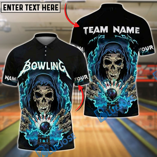 BlueJose Bowling And Pins Skull Lightning Strike Customized Name, Team Name 3D Shirt (4 Colors)