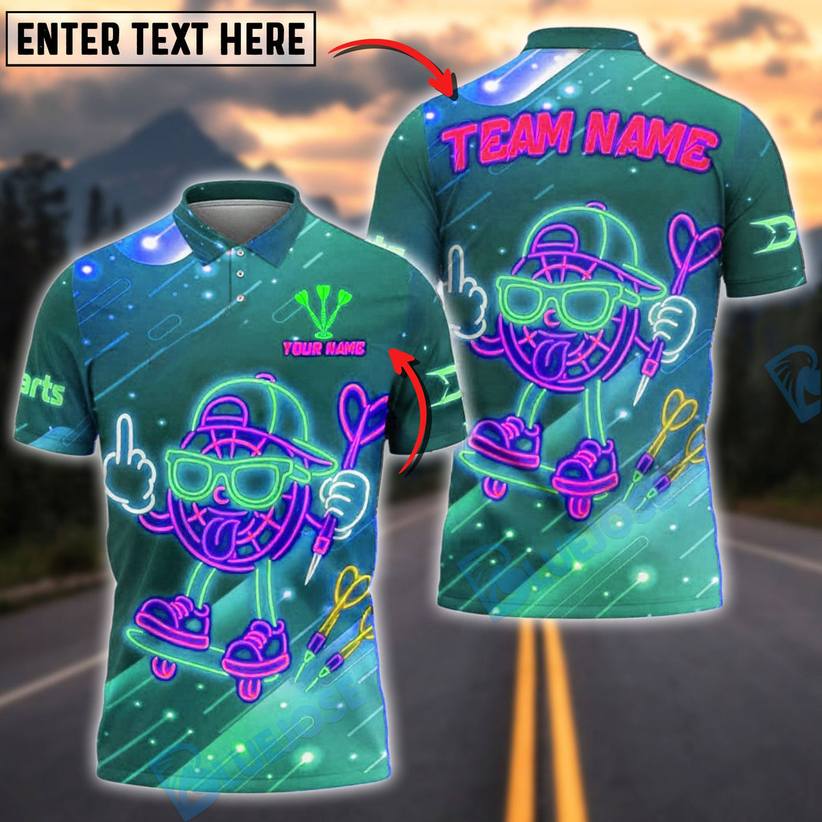 BlueJose Darts Neon Skater Target Cartoon Style Customized Name, Team Name 3D Shirt (4 Colors)