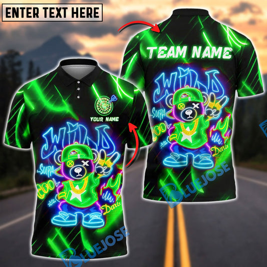BlueJose Darts Hip Hop Bear Neon Wild Style Customized Name, Team Name 3D Shirt (4 Colors)