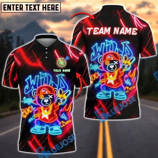BlueJose Darts Hip Hop Bear Neon Wild Style Customized Name, Team Name 3D Shirt (4 Colors)