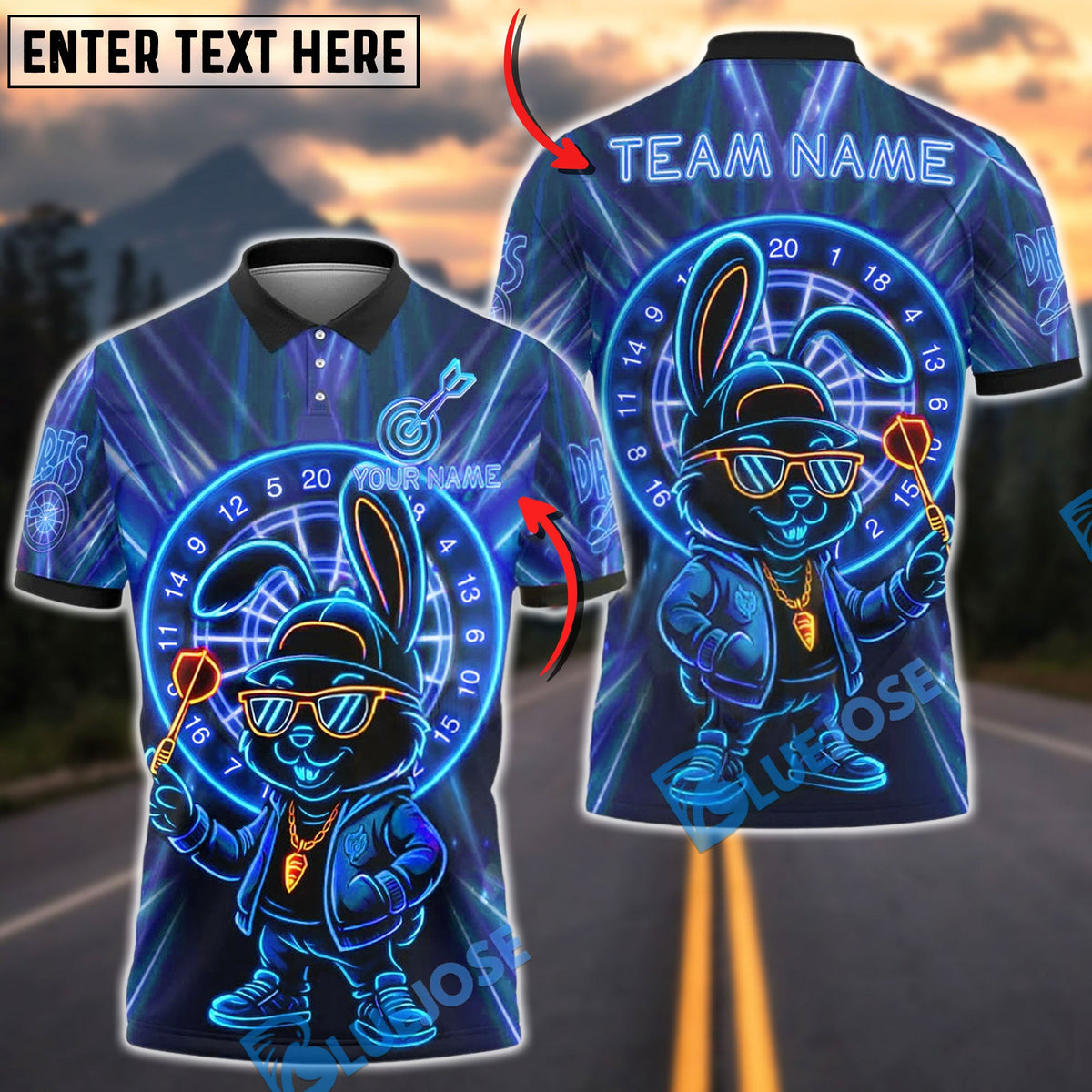 BlueJose Darts Neon Bunny Swag Customized Name, Team Name 3D Shirt (4 Colors)