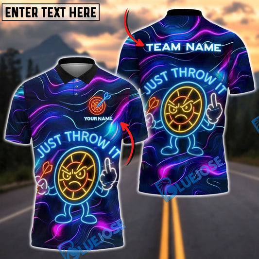 BlueJose Darts Neon Angry Target “Just Throw It” Design Customized Name, Team Name 3D Shirt (4 Colors)