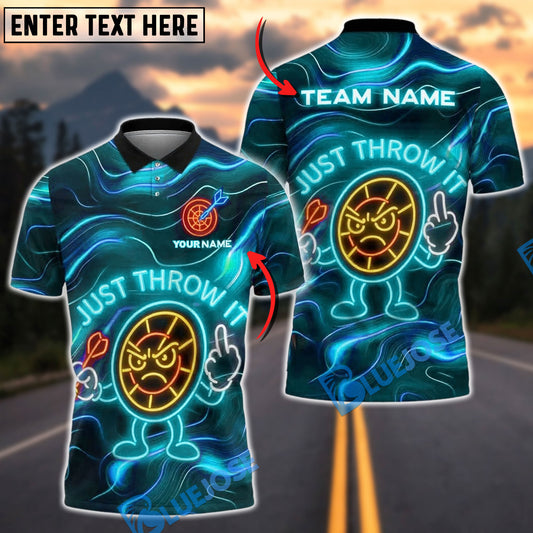 BlueJose Darts Neon Angry Target “Just Throw It” Design Customized Name, Team Name 3D Shirt (4 Colors)