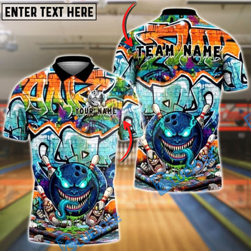 BlueJose Bowling And Pins Blue Monster Ball Brick Wall Customized Name, Team Name 3D Shirt (4 Colors)