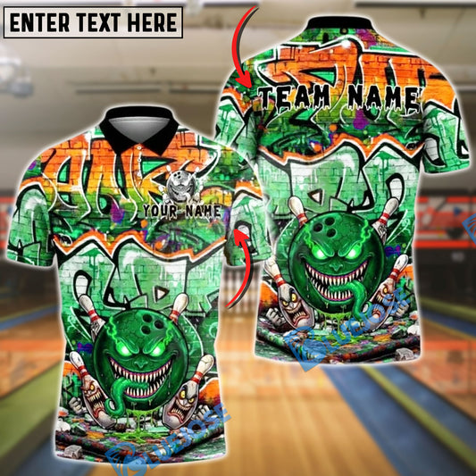 BlueJose Bowling And Pins Blue Monster Ball Brick Wall Customized Name, Team Name 3D Shirt (4 Colors)