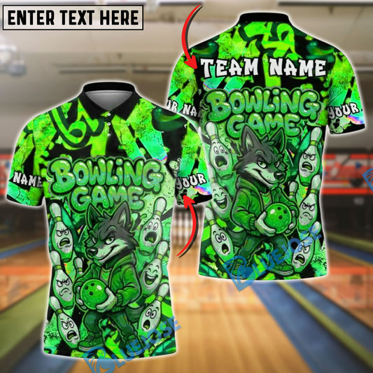 BlueJose Bowling And Pins Cartoon Wolf vs Angry Pins Customized Name, Team Name 3D Shirt (4 Colors)