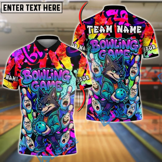 BlueJose Bowling And Pins Cartoon Wolf vs Angry Pins Customized Name, Team Name 3D Shirt (4 Colors)