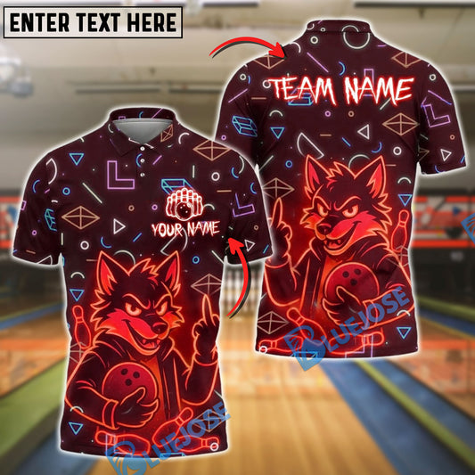 BlueJose Bowling And Pins Neon Angry Wolf Design Customized Name, Team Name 3D Shirt (4 Colors)