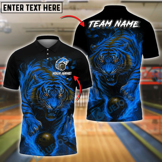 BlueJose Bowling Fiery Tiger Bowling Ball Flames Customized Name, Team Name 3D Shirt (4 Colors)