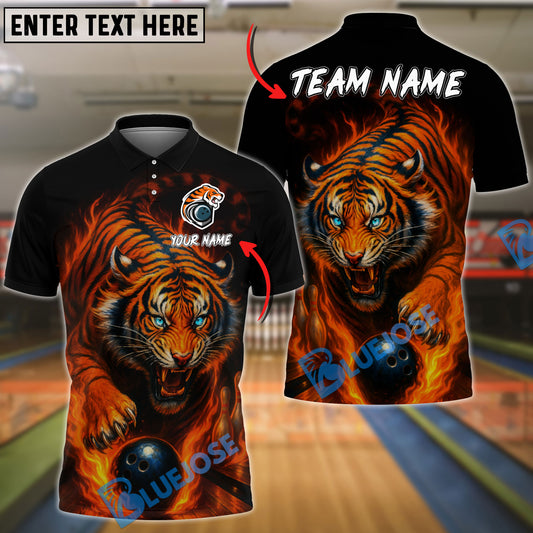 BlueJose Bowling Fiery Tiger Bowling Ball Flames Customized Name, Team Name 3D Shirt (4 Colors)