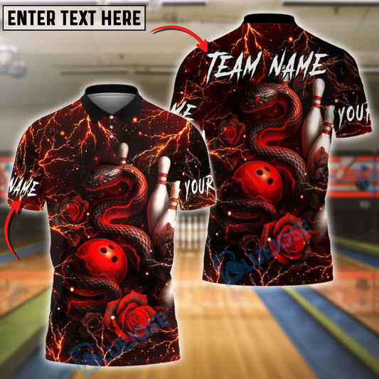 BlueJose Bowling And Pins Snake Rose Lava Customized Name, Team Name 3D Shirt (4 Colors)