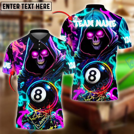 BlueJose Billiards 8-Ball Grim Reaper Neon Flame Personalized Name, Team Name Unisex Shirt